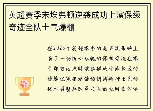 英超赛季末埃弗顿逆袭成功上演保级奇迹全队士气爆棚