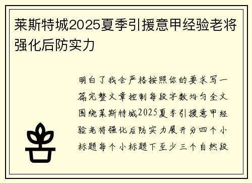 莱斯特城2025夏季引援意甲经验老将强化后防实力